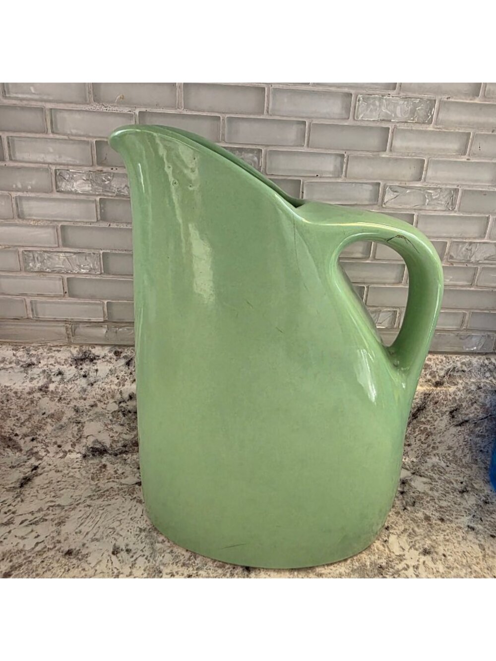 Vintage Coramex Green Slant Ceramic Pottery Water Pitcher 820 MCM  1 Quart